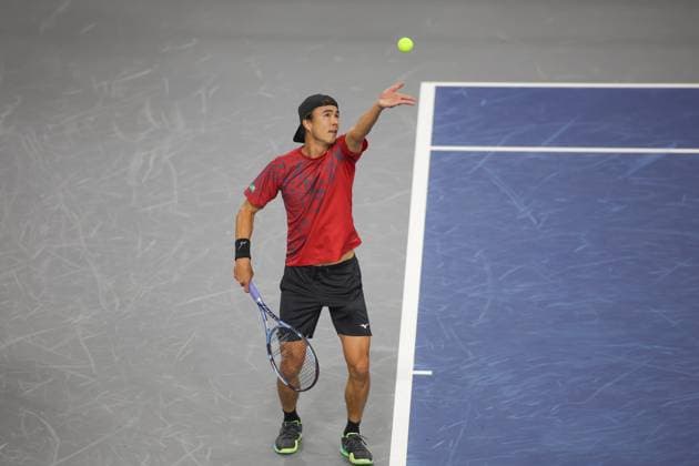 FRISCO, TX - FEBRUARY 03: Taro Daniel (JPN) serves during the first round of the Dallas Open on February 3, 2025, at Ford Center at The Star in Frisco, TX. (Photo by George Walker Icon Sportswire) TENNIS: FEB 03 Dallas Open EDITORIAL USE ONLY Icon250203074