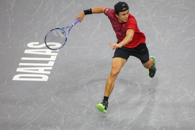 FRISCO, TX - FEBRUARY 03: Taro Daniel (JPN) hits a forehand during the first round of the Dallas Open on February 3, 2025, at Ford Center at The Star in Frisco, TX. (Photo by George Walker Icon Sportswire) TENNIS: FEB 03 Dallas Open EDITORIAL USE ONLY Icon250203075