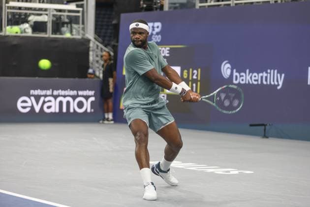 FRISCO, TX - FEBRUARY 03: Frances Tiafoe (USA) hits a backhand during the first round of the Dallas Open on February 3, 2025, at Ford Center at The Star in Frisco, TX. (Photo by George Walker Icon Sportswire) TENNIS: FEB 03 Dallas Open EDITORIAL USE ONLY Icon250203081
