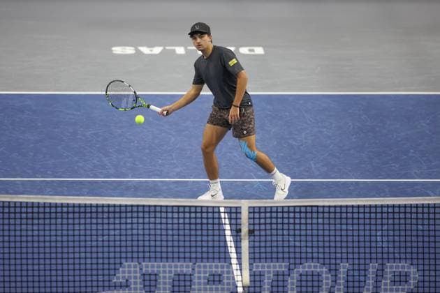 FRISCO, TX - FEBRUARY 03: Trevor Svajda (USA) hits a volley during the first round of the Dallas Open on February 3, 2025, at Ford Center at The Star in Frisco, TX. (Photo by George Walker Icon Sportswire) TENNIS: FEB 03 Dallas Open EDITORIAL USE ONLY Icon250203086