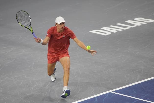 FRISCO, TX - FEBRUARY 03: Ethan Quinn (USA) hits a forehand during the first round of the Dallas Open on February 3, 2025, at Ford Center at The Star in Frisco, TX. (Photo by George Walker Icon Sportswire) TENNIS: FEB 03 Dallas Open EDITORIAL USE ONLY Icon250203087