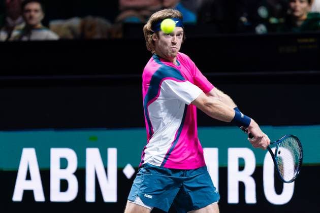 2025-02-04 ABN AMRO Open Day One ROTTERDAM, NETHERLANDS - FEBRUARY 4: Andrey Rublev of Russia in action during Day One of the ABN AMRO Open at Rotterdam Ahoy on February 4, 2025 in Rotterdam, Netherlands. (Photo by Joris Verwijst BSR Agency) Rotterdam Netherlands Content not available for redistribution in The Netherlands directly or indirectly through any third parties. Copyright: xBSRxAgencyx