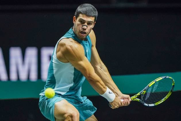 2025-02-04 ABN AMRO Open 2025 ROTTERDAM, NETHERLANDS - FEBRUARY 4: Car;los Alcaraz of Spain competing in the Men s Singles Round 1 during the ABN AMRO Open 2025 at Rotterdam Ahoy on February 4, 2025 in Rotterdam, Netherlands. Rotterdam Rotterdam Ahoy Netherlands Content not available for redistribution in The Netherlands directly or indirectly through any third parties. Copyright: xAndrexWeeningx
