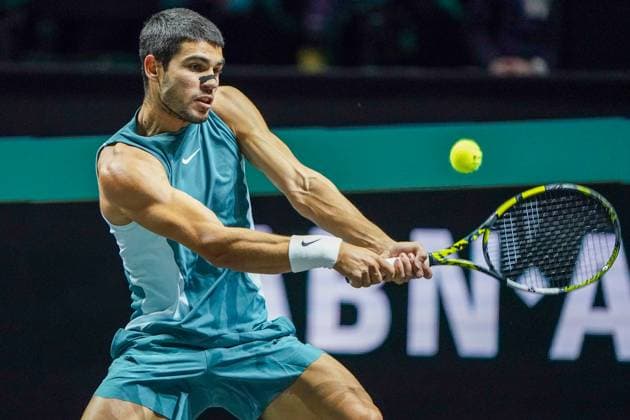 2025-02-04 ABN AMRO Open 2025 ROTTERDAM, NETHERLANDS - FEBRUARY 4: Car;los Alcaraz of Spain competing in the Men s Singles Round 1 during the ABN AMRO Open 2025 at Rotterdam Ahoy on February 4, 2025 in Rotterdam, Netherlands. Rotterdam Rotterdam Ahoy Netherlands Content not available for redistribution in The Netherlands directly or indirectly through any third parties. Copyright: xAndrexWeeningx