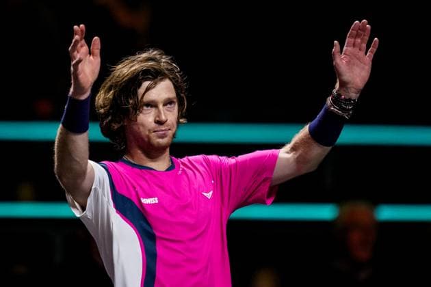 ROTTERDAM, NETHERLANDS - FEBRUARY 4: Andrey Rublev of Russia waves after his win in his Men s Singles First Round match against Zhizhen Zhang of China during day two of the ABN AMRO Open at the Rotterdam Ahoy on February 4, 2025 in Rotterdam, Netherlands. (Photo by Rene Nijhuis) SPO  Copyright: xRenexNijhuis