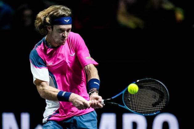 ROTTERDAM, NETHERLANDS - FEBRUARY 4: Andrey Rublev of Russia plays a backhand in his Men s Singles First Round match against Zhizhen Zhang of China during day two of the ABN AMRO Open at the Rotterdam Ahoy on February 4, 2025 in Rotterdam, Netherlands. (Photo by Rene Nijhuis) SPO  Copyright: xRenexNijhuis