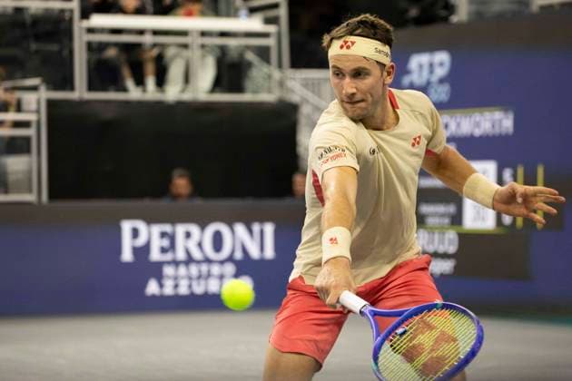 February 4, 2025, Frisco, Texas, USA: CASPER RUUD (NOR) returns with a backhand in a singles match against JAMES DUCKWORTH (AUS) during day four of the 2025 Dallas Open at the Star in Frisco, TX. CASPER RUUD (NOR) defeated JAMES DUCKWORTH (AUS), 7:5, 4:6, 6:2. Frisco USA - ZUMAh193 20250204_zsp_h193_048 Copyright: xDanielxMcGregor-Huyerx