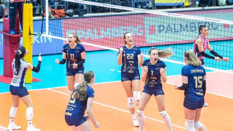 5 2 2025, Volleyball, Women, CEV Champions League Volley 2025, Preliminary round, Playoff, First leg, SSC Palmberg Schwerin Germany Pro Victoria Pallavolo Monza Italy Joy among the volleyball players of SSC Palmberg Schwerin Patricia Llabres Herrera SSC Palmberg Schwerin, left , Anne Hölzig SSC Palmberg Schwerin, f left , Leana Grozer SSC Palmberg Schwerin, 3 f left , Jaelyn Keene SSC Palmberg Schwerin, 3 f right , Karla Antunovic SSC Palmberg Schwerin, 2 f right , Elles Dambrink SSC Palmberg Schwerin, right Schwerin Palmberg Arena Mecklenburg Vorpommern Germany