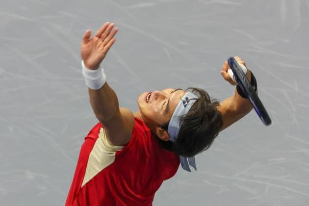 FRISCO, TX - FEBRUARY 05: Yunchaokete Bu (CHN) serves during the first round of the Dallas Open on February 5, 2025, at Ford Center at The Star in Frisco, TX. (Photo by George Walker Icon Sportswire) TENNIS: FEB 05 Dallas Open EDITORIAL USE ONLY Icon25020501