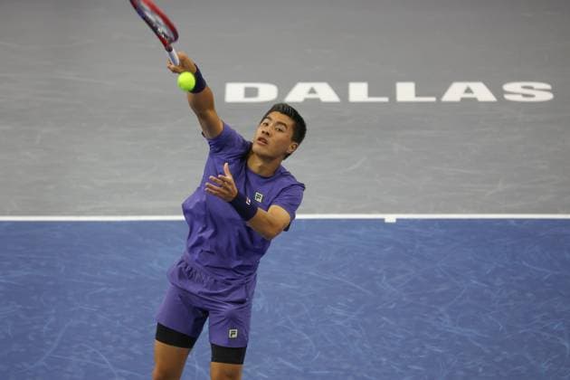 FRISCO, TX - FEBRUARY 05: Brandon Nakashima (USA) hits an overhead during the first round of the Dallas Open on February 5, 2025, at Ford Center at The Star in Frisco, TX. (Photo by George Walker Icon Sportswire) TENNIS: FEB 05 Dallas Open EDITORIAL USE ONLY Icon25020505
