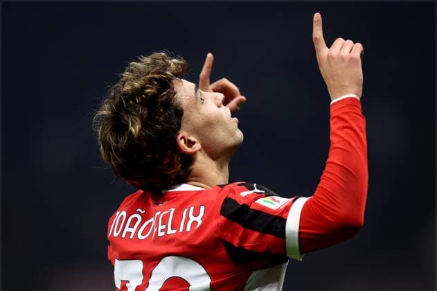 Sport Bilder des Tages Ac Milan - As Roma Joao Felix of Ac Milan celebrates after scoring a goal during the Coppa Italia quarter-finals match beetween Ac Milan and As Roma at Stadio Giuseppe Meazza on February 5, 2025 in Milano, Italy . Milano Stadio Giuseppe Meazza Italy Copyright: xMarcoxCanonierox