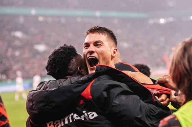 Bayer 04 Leverkusen v 1. FC Koln - DFB Cup: Quarterfinal Patrik Schick of Bayer 04 Leverkusen celebrates his goal during the DFB Cup quarterfinal match between Bayer 04 Leverkusen and 1. FC Koln at BayArena in Leverkusen, Germany, on February 5, 2025. Leverkusen Germany  Copyright: xHeshamxElsherifx originalFilename:elsherif-notitle250205_npwlA.jpg