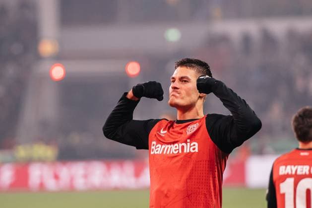 Bayer 04 Leverkusen v 1. FC Koln - DFB Cup: Quarterfinal Patrik Schick of Bayer 04 Leverkusen celebrates his goal during the DFB Cup quarterfinal match between Bayer 04 Leverkusen and 1. FC Koln at BayArena in Leverkusen, Germany, on February 5, 2025. Leverkusen Germany  Copyright: xHeshamxElsherifx originalFilename:elsherif-notitle250205_npQ2M.jpg