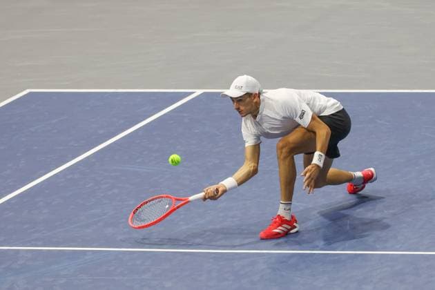 FRISCO, TX - FEBRUARY 05: Matteo Arnaldi (ITA) hits a forehand during the first round of the Dallas Open on February 5, 2025, at Ford Center at The Star in Frisco, TX. (Photo by George Walker Icon Sportswire) TENNIS: FEB 05 Dallas Open EDITORIAL USE ONLY Icon25020587
