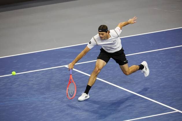 FRISCO, TX - FEBRUARY 05: Taylor Fritz (USA) hits a backhand during the first round of the Dallas Open on February 5, 2025, at Ford Center at The Star in Frisco, TX. (Photo by George Walker Icon Sportswire) TENNIS: FEB 05 Dallas Open EDITORIAL USE ONLY Icon25020593