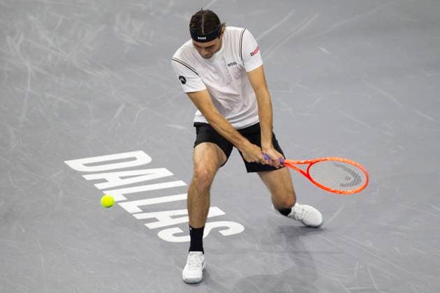February 5, 2025, Frisco, Texas, USA: TAYLOR FRITZ (USA) returns with a forehand in a singles match against ARTHUR RINDERKNECH (FRA) during day five of the 2025 Dallas Open at the Star in Frisco, TX. TAYLOR FRITZ (USA) defeated ARTHUR RINDERKNECH (CZE), 6:4, 6:2. Frisco USA - ZUMAh193 20250205_zsp_h193_070 Copyright: xDanielxMcGregor-Huyerx