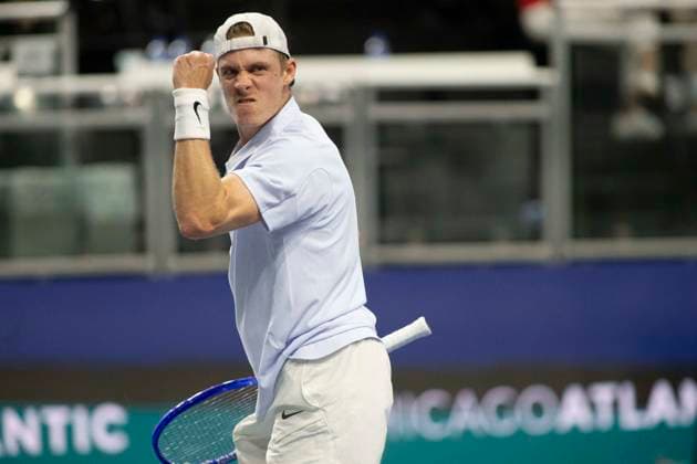 February 5, 2025, Frisco, Texas, USA: DENIS SHAPOVALOV (CAN) reacts in a singles match against MIOMIR KECMANOVIC (SRB) during day five of the 2025 Dallas Open at the Star in Frisco, TX. DENIS SHAPOVALOV (CAN) defeated MIOMIR KECMANOVIC (SRB), 6:3, 6:7, 6:3. Frisco USA - ZUMAh193 20250205_zsp_h193_097 Copyright: xDanielxMcGregor-Huyerx