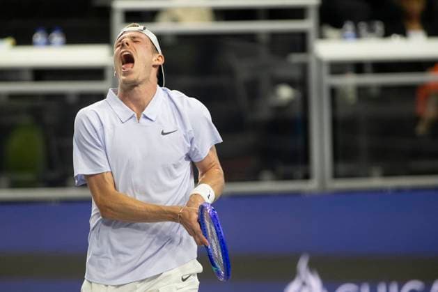 February 5, 2025, Frisco, Texas, USA: DENIS SHAPOVALOV (CAN) reacts in a singles match against MIOMIR KECMANOVIC (SRB) during day five of the 2025 Dallas Open at the Star in Frisco, TX. DENIS SHAPOVALOV (CAN) defeated MIOMIR KECMANOVIC (SRB), 6:3, 6:7, 6:3. Frisco USA - ZUMAh193 20250205_zsp_h193_098 Copyright: xDanielxMcGregor-Huyerx
