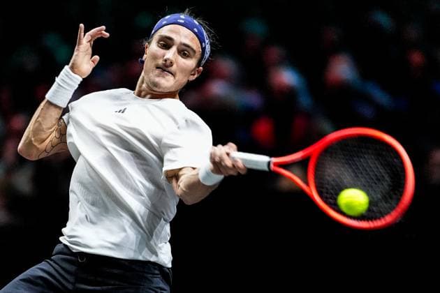 ROTTERDAM, NETHERLANDS - FEBRUARY 5: Mattia Bellucci of Italy plays a forehand in his Men s Singles Second Round match against Daniil Medvedev of Russia during day three of the ABN AMRO Open at the Rotterdam Ahoy on February 5, 2025 in Rotterdam, Netherlands. (Photo by Rene Nijhuis) SPO  Copyright: xRenexNijhuis