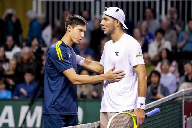 ROTTERDAM, NETHERLANDS - FEBRUARY 5: Fabian Marozsan of Hungary is congratulated by Jan-Lennard Struff of Germany after their Men s Singles First Round match during day three of the ABN AMRO Open at the Rotterdam Ahoy on February 5, 2025 in Rotterdam, Netherlands. (Photo by Rene Nijhuis) SPO  Copyright: xRenexNijhuis