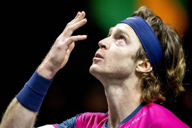 ROTTERDAM - Andrey Rublev (RUS) after his won match against Fabian Marozsan (HUN) on the fourth day of the ABN AMRO Open tennis tournament in Ahoy. ANP SANDER KING ABN AMRO Open - Day Four 2025 xVIxANPxSportx xxANPxIVx 519262325 originalFilename: 519262325.jpg