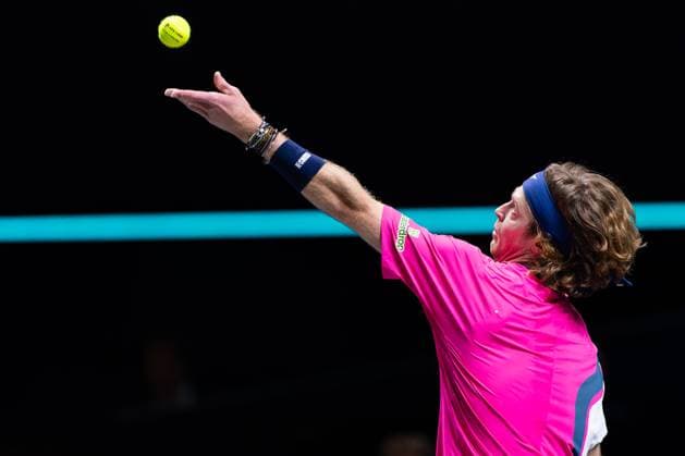 2025-02-06 ABN AMRO Open Day Four ROTTERDAM, NETHERLANDS - FEBRUARY 6: Andrey Rublev of Russia in action during Day Four of the ABN AMRO Open at Rotterdam Ahoy on February 6, 2025 in Rotterdam, Netherlands. (Photo by Joris Verwijst BSR Agency) Rotterdam Netherlands Content not available for redistribution in The Netherlands directly or indirectly through any third parties. Copyright: xBSRxAgencyx