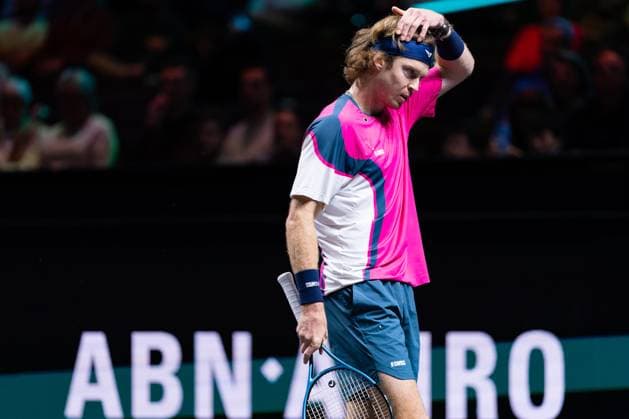 2025-02-06 ABN AMRO Open Day Four ROTTERDAM, NETHERLANDS - FEBRUARY 6: Andrey Rublev of Russia reacts during Day Four of the ABN AMRO Open at Rotterdam Ahoy on February 6, 2025 in Rotterdam, Netherlands. (Photo by Joris Verwijst BSR Agency) Rotterdam Netherlands Content not available for redistribution in The Netherlands directly or indirectly through any third parties. Copyright: xBSRxAgencyx