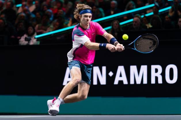 2025-02-06 ABN AMRO Open Day Four ROTTERDAM, NETHERLANDS - FEBRUARY 6: Andrey Rublev of Russia in action during Day Four of the ABN AMRO Open at Rotterdam Ahoy on February 6, 2025 in Rotterdam, Netherlands. (Photo by Joris Verwijst BSR Agency) Rotterdam Netherlands Content not available for redistribution in The Netherlands directly or indirectly through any third parties. Copyright: xBSRxAgencyx