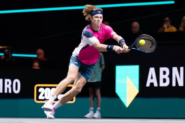 2025-02-06 ABN AMRO Open Day Four ROTTERDAM, NETHERLANDS - FEBRUARY 6: Andrey Rublev of Russia in action during Day Four of the ABN AMRO Open at Rotterdam Ahoy on February 6, 2025 in Rotterdam, Netherlands. (Photo by Joris Verwijst BSR Agency) Rotterdam Netherlands Content not available for redistribution in The Netherlands directly or indirectly through any third parties. Copyright: xBSRxAgencyx