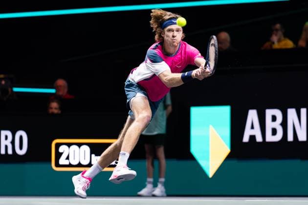 2025-02-06 ABN AMRO Open Day Four ROTTERDAM, NETHERLANDS - FEBRUARY 6: Andrey Rublev of Russia in action during Day Four of the ABN AMRO Open at Rotterdam Ahoy on February 6, 2025 in Rotterdam, Netherlands. (Photo by Joris Verwijst BSR Agency) Rotterdam Netherlands Content not available for redistribution in The Netherlands directly or indirectly through any third parties. Copyright: xBSRxAgencyx