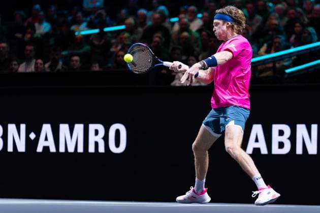 2025-02-06 ABN AMRO Open Day Four ROTTERDAM, NETHERLANDS - FEBRUARY 6: Andrey Rublev of Russia in action during Day Four of the ABN AMRO Open at Rotterdam Ahoy on February 6, 2025 in Rotterdam, Netherlands. (Photo by Joris Verwijst BSR Agency) Rotterdam Netherlands Content not available for redistribution in The Netherlands directly or indirectly through any third parties. Copyright: xBSRxAgencyx