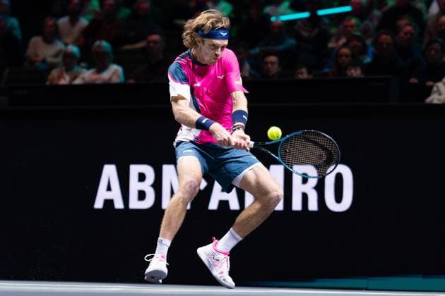 2025-02-06 ABN AMRO Open Day Four ROTTERDAM, NETHERLANDS - FEBRUARY 6: Andrey Rublev of Russia in action during Day Four of the ABN AMRO Open at Rotterdam Ahoy on February 6, 2025 in Rotterdam, Netherlands. (Photo by Joris Verwijst BSR Agency) Rotterdam Netherlands Content not available for redistribution in The Netherlands directly or indirectly through any third parties. Copyright: xBSRxAgencyx