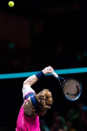 2025-02-06 ABN AMRO Open Day Four ROTTERDAM, NETHERLANDS - FEBRUARY 6: Andrey Rublev of Russia in action during Day Four of the ABN AMRO Open at Rotterdam Ahoy on February 6, 2025 in Rotterdam, Netherlands. (Photo by Joris Verwijst BSR Agency) Rotterdam Netherlands Content not available for redistribution in The Netherlands directly or indirectly through any third parties. Copyright: xBSRxAgencyx