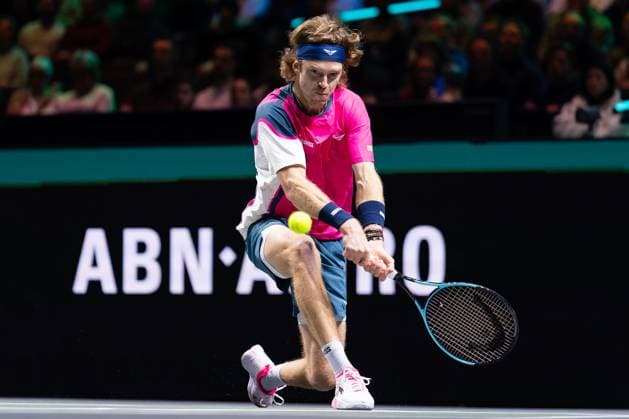 2025-02-06 ABN AMRO Open Day Four ROTTERDAM, NETHERLANDS - FEBRUARY 6: Andrey Rublev of Russia in action during Day Four of the ABN AMRO Open at Rotterdam Ahoy on February 6, 2025 in Rotterdam, Netherlands. (Photo by Joris Verwijst BSR Agency) Rotterdam Netherlands Content not available for redistribution in The Netherlands directly or indirectly through any third parties. Copyright: xBSRxAgencyx