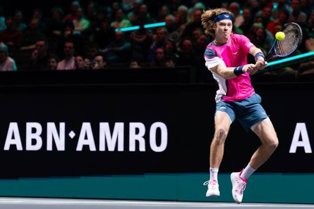 2025-02-06 ABN AMRO Open Day Four ROTTERDAM, NETHERLANDS - FEBRUARY 6: Andrey Rublev of Russia in action during Day Four of the ABN AMRO Open at Rotterdam Ahoy on February 6, 2025 in Rotterdam, Netherlands. (Photo by Joris Verwijst BSR Agency) Rotterdam Netherlands Content not available for redistribution in The Netherlands directly or indirectly through any third parties. Copyright: xBSRxAgencyx