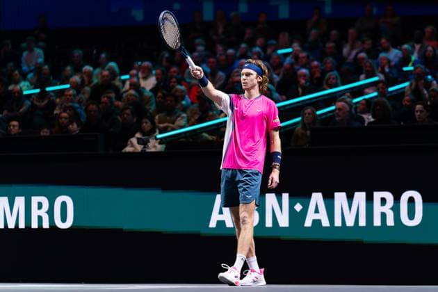 2025-02-06 ABN AMRO Open Day Four ROTTERDAM, NETHERLANDS - FEBRUARY 6: Andrey Rublev of Russia reacts during Day Four of the ABN AMRO Open at Rotterdam Ahoy on February 6, 2025 in Rotterdam, Netherlands. (Photo by Joris Verwijst BSR Agency) Rotterdam Netherlands Content not available for redistribution in The Netherlands directly or indirectly through any third parties. Copyright: xBSRxAgencyx