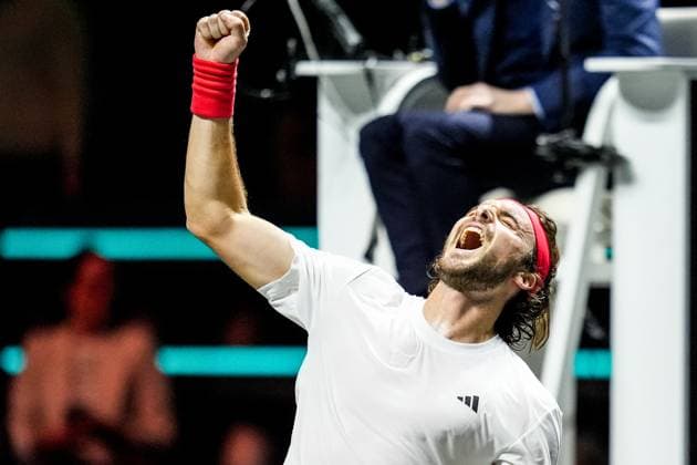 ROTTERDAM, NETHERLANDS - FEBRUARY 6: Stefanos Tsitsipas of Greece celebrates his win after his Men s Singles Second Round match against Tallon Griekspoor of the Netherlands during day four of the ABN AMRO Open at the Rotterdam Ahoy on February 6, 2025 in Rotterdam, Netherlands. (Photo by Rene Nijhuis) SPO  Copyright: xRenexNijhuis