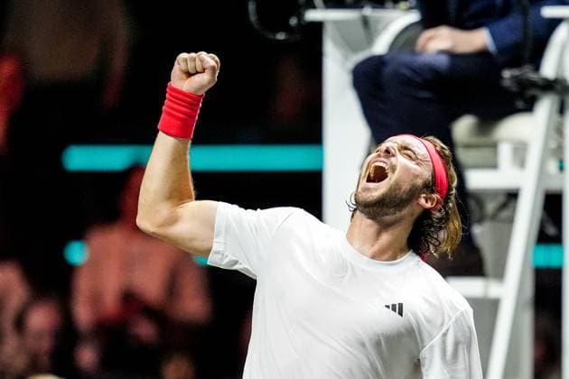 ROTTERDAM, NETHERLANDS - FEBRUARY 6: Stefanos Tsitsipas of Greece celebrates his win after his Men s Singles Second Round match against Tallon Griekspoor of the Netherlands during day four of the ABN AMRO Open at the Rotterdam Ahoy on February 6, 2025 in Rotterdam, Netherlands. (Photo by Rene Nijhuis) SPO  Copyright: xRenexNijhuis
