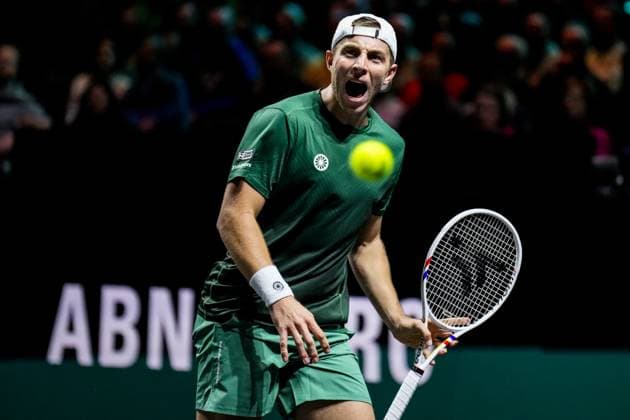 ROTTERDAM, NETHERLANDS - FEBRUARY 6: Tallon Griekspoor of the Netherlands reacts in his Men s Singles Second Round match against Stefanos Tsitsipas of Greece during day four of the ABN AMRO Open at the Rotterdam Ahoy on February 6, 2025 in Rotterdam, Netherlands. (Photo by Rene Nijhuis) SPO  Copyright: xRenexNijhuis