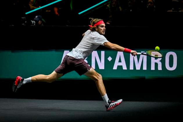 2025-02-06 ABN AMRO Open 2025 ROTTERDAM, NETHERLANDS - FEBRUARY 6: Stefanos Tsitsipas of Greece competing in the Men s Singles during the ABN AMRO Open 2025 at Rotterdam Ahoy on February 6, 2025 in Rotterdam, Netherlands. Rotterdam Rotterdam Ahoy Netherlands Content not available for redistribution in The Netherlands directly or indirectly through any third parties. Copyright: xJanxKokx