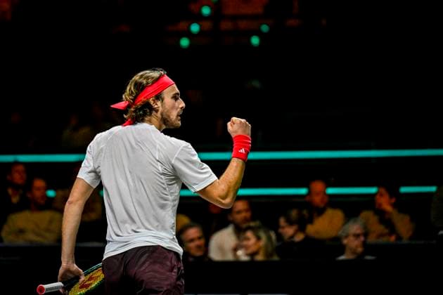 2025-02-06 ABN AMRO Open 2025 ROTTERDAM, NETHERLANDS - FEBRUARY 6: Stefanos Tsitsipas of Greece competing in the Men s Singles during the ABN AMRO Open 2025 at Rotterdam Ahoy on February 6, 2025 in Rotterdam, Netherlands. Rotterdam Rotterdam Ahoy Netherlands Content not available for redistribution in The Netherlands directly or indirectly through any third parties. Copyright: xJanxKokx