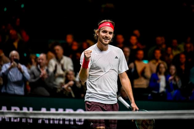 2025-02-06 ABN AMRO Open 2025 ROTTERDAM, NETHERLANDS - FEBRUARY 6: Stefanos Tsitsipas of Greece competing in the Men s Singles during the ABN AMRO Open 2025 at Rotterdam Ahoy on February 6, 2025 in Rotterdam, Netherlands. Rotterdam Rotterdam Ahoy Netherlands Content not available for redistribution in The Netherlands directly or indirectly through any third parties. Copyright: xJanxKokx