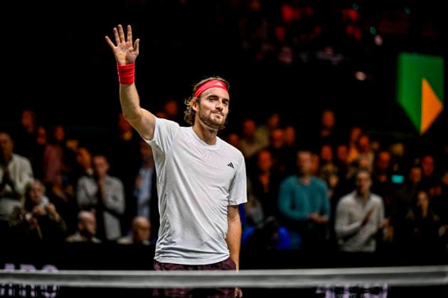 2025-02-06 ABN AMRO Open 2025 ROTTERDAM, NETHERLANDS - FEBRUARY 6: Stefanos Tsitsipas of Greece competing in the Men s Singles during the ABN AMRO Open 2025 at Rotterdam Ahoy on February 6, 2025 in Rotterdam, Netherlands. Rotterdam Rotterdam Ahoy Netherlands Content not available for redistribution in The Netherlands directly or indirectly through any third parties. Copyright: xJanxKokx
