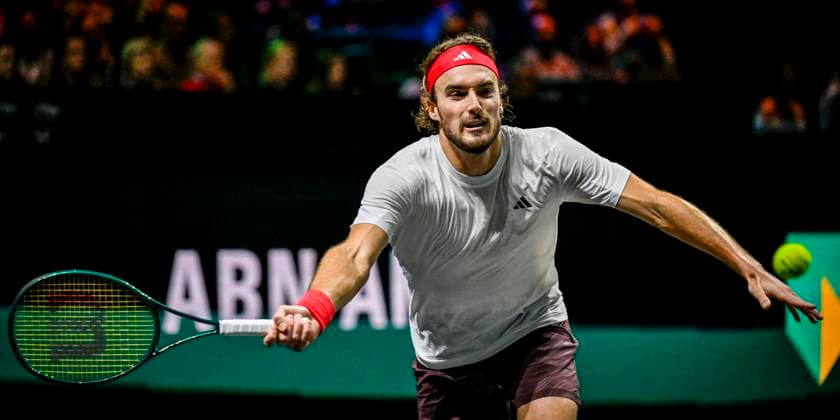 2025-02-06 ABN AMRO Open 2025 ROTTERDAM, NETHERLANDS - FEBRUARY 6: Stefanos Tsitsipas of Greece competing in the Men s Singles during the ABN AMRO Open 2025 at Rotterdam Ahoy on February 6, 2025 in Rotterdam, Netherlands. Rotterdam Rotterdam Ahoy Netherlands Content not available for redistribution in The Netherlands directly or indirectly through any third parties. Copyright: xJanxKokx