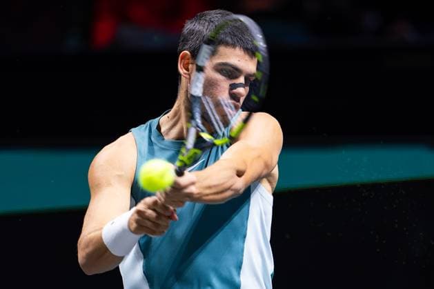 Sport Bilder des Tages 2025-02-06 ABN AMRO Open Day Four ROTTERDAM, NETHERLANDS - FEBRUARY 6: Carlos Alcaraz of Spain in action during Day Four of the ABN AMRO Open at Rotterdam Ahoy on February 6, 2025 in Rotterdam, Netherlands. (Photo by Joris Verwijst BSR Agency) Rotterdam Netherlands Content not available for redistribution in The Netherlands directly or indirectly through any third parties. Copyright: xBSRxAgencyx