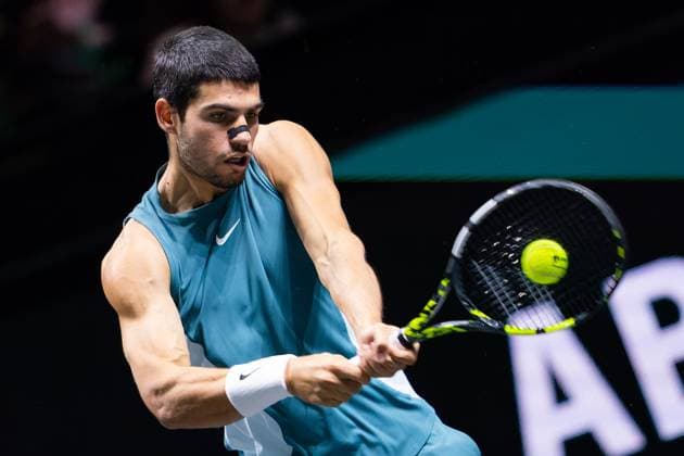 2025-02-06 ABN AMRO Open Day Four ROTTERDAM, NETHERLANDS - FEBRUARY 6: Carlos Alcaraz of Spain in action during Day Four of the ABN AMRO Open at Rotterdam Ahoy on February 6, 2025 in Rotterdam, Netherlands. (Photo by Joris Verwijst BSR Agency) Rotterdam Netherlands Content not available for redistribution in The Netherlands directly or indirectly through any third parties. Copyright: xBSRxAgencyx