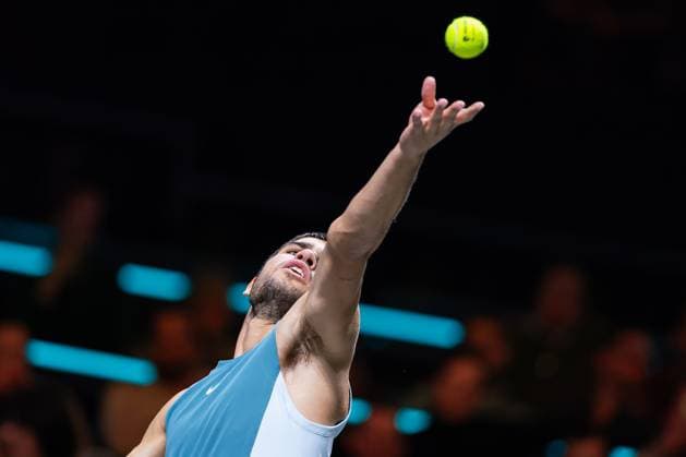 2025-02-06 ABN AMRO Open Day Four ROTTERDAM, NETHERLANDS - FEBRUARY 6: Carlos Alcaraz of Spain in action during Day Four of the ABN AMRO Open at Rotterdam Ahoy on February 6, 2025 in Rotterdam, Netherlands. (Photo by Joris Verwijst BSR Agency) Rotterdam Netherlands Content not available for redistribution in The Netherlands directly or indirectly through any third parties. Copyright: xBSRxAgencyx