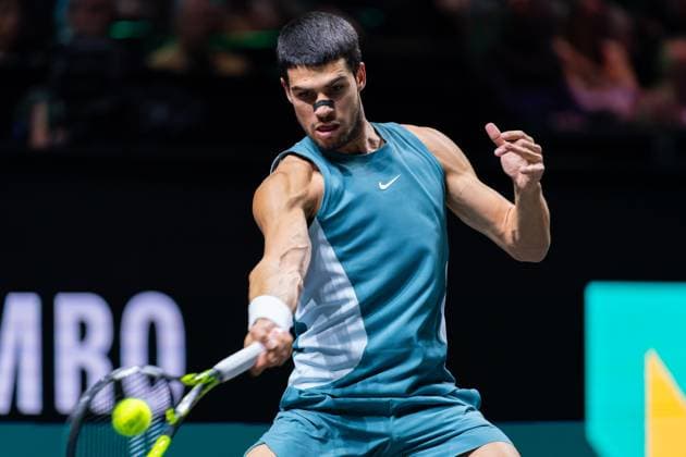 2025-02-06 ABN AMRO Open Day Four ROTTERDAM, NETHERLANDS - FEBRUARY 6: Carlos Alcaraz of Spain in action during Day Four of the ABN AMRO Open at Rotterdam Ahoy on February 6, 2025 in Rotterdam, Netherlands. (Photo by Joris Verwijst BSR Agency) Rotterdam Netherlands Content not available for redistribution in The Netherlands directly or indirectly through any third parties. Copyright: xBSRxAgencyx