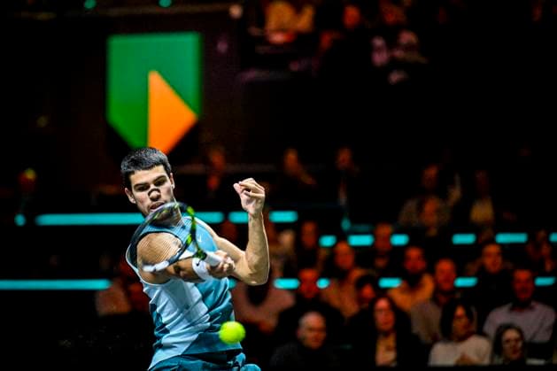2025-02-06 ABN AMRO Open 2025 ROTTERDAM, NETHERLANDS - FEBRUARY 6: Carlos Alcaraz of Spain competing in the Men s Singles during the ABN AMRO Open 2025 at Rotterdam Ahoy on February 6, 2025 in Rotterdam, Netherlands. Rotterdam Rotterdam Ahoy Netherlands Content not available for redistribution in The Netherlands directly or indirectly through any third parties. Copyright: xJanxKokx