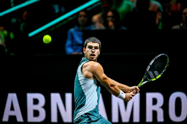 2025-02-06 ABN AMRO Open 2025 ROTTERDAM, NETHERLANDS - FEBRUARY 6: Carlos Alcaraz of Spain competing in the Men s Singles during the ABN AMRO Open 2025 at Rotterdam Ahoy on February 6, 2025 in Rotterdam, Netherlands. Rotterdam Rotterdam Ahoy Netherlands Content not available for redistribution in The Netherlands directly or indirectly through any third parties. Copyright: xJanxKokx